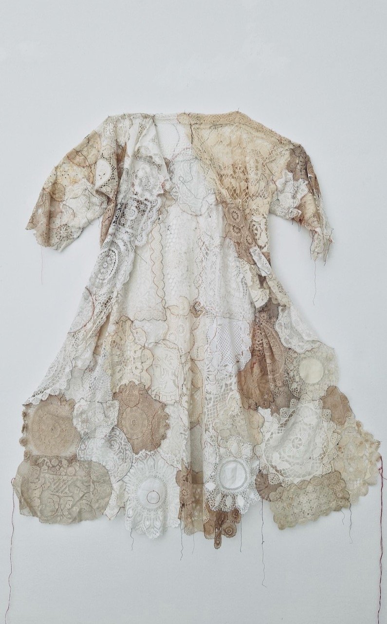 Denise Watts . Coat of Many Women. 2022. Found doilies of crochet, bobbin lace, needle lace, fillet lace and Teneriffe lace. 154 x 146 cm.