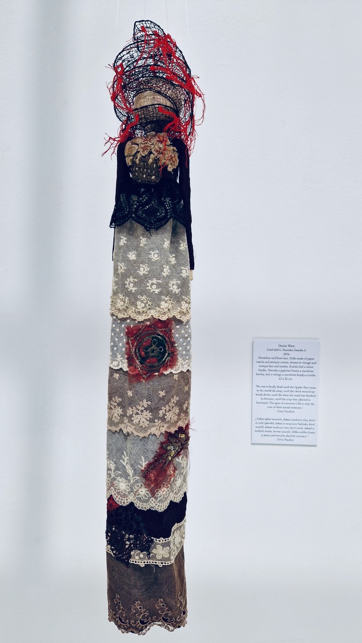 Denise Watts Grief doll 6. 2024. Horsehair and linen lace. Dolls made of paper mache and antique cotton, dresses in vintage and antique lace and textiles 62 x 26 cm