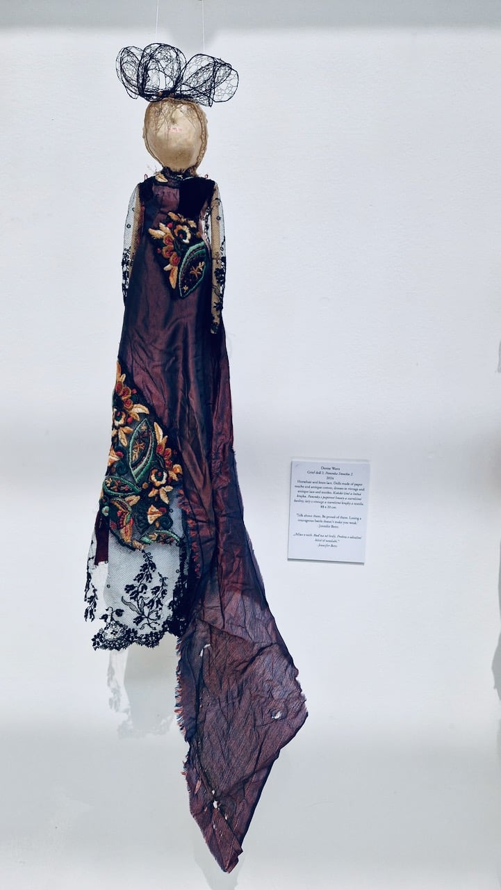 Denise Watts Grief doll 2. 2024. Horsehair and linen lace. Dolls made of paper mache and antique cotton, dresses in vintage and antique lace and textiles 88 x 20 cm