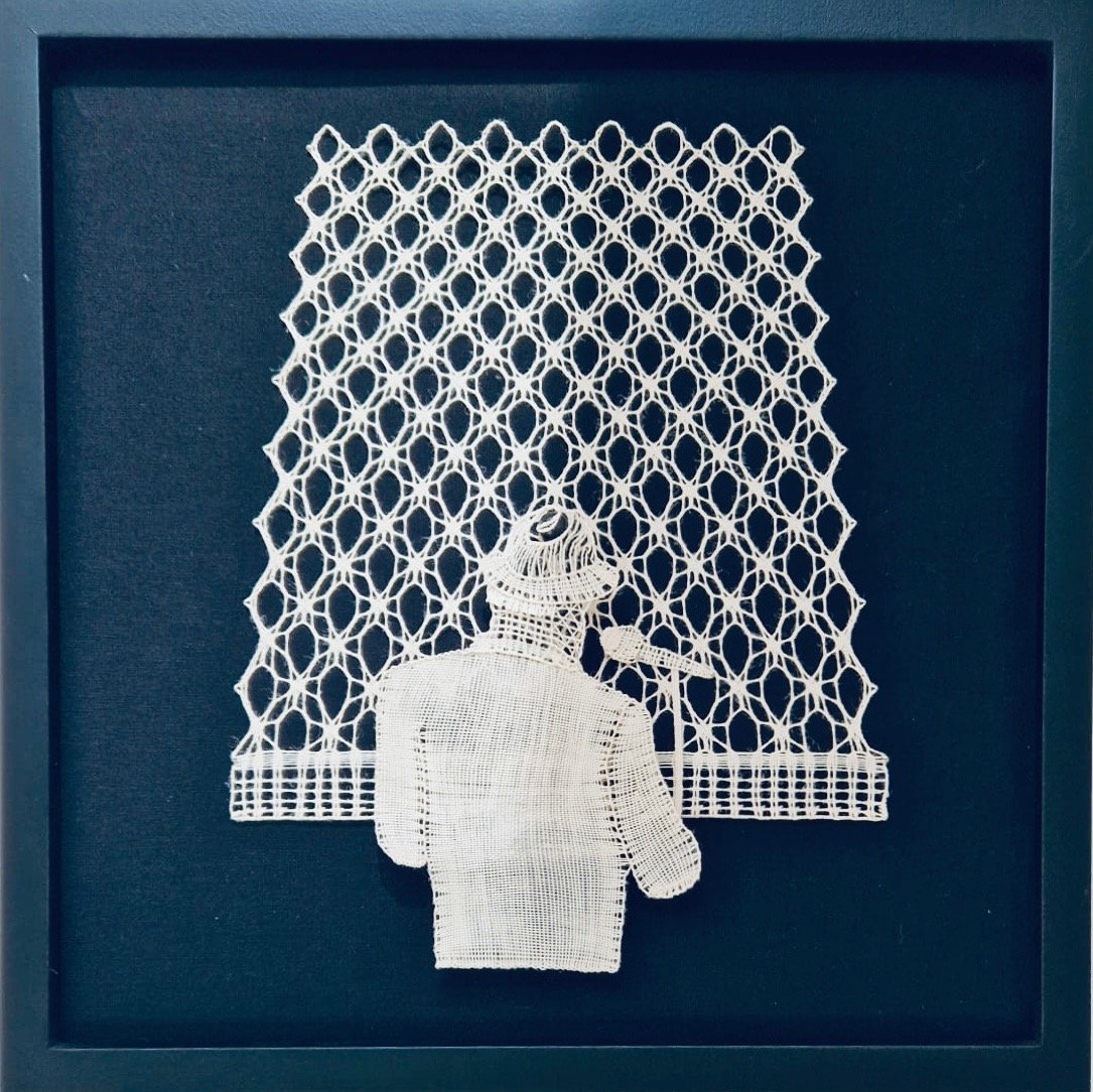 Dagmar Beckel Machyčková. When Men Speak. 2024. Cotton. 30 x 30 cm (framed)