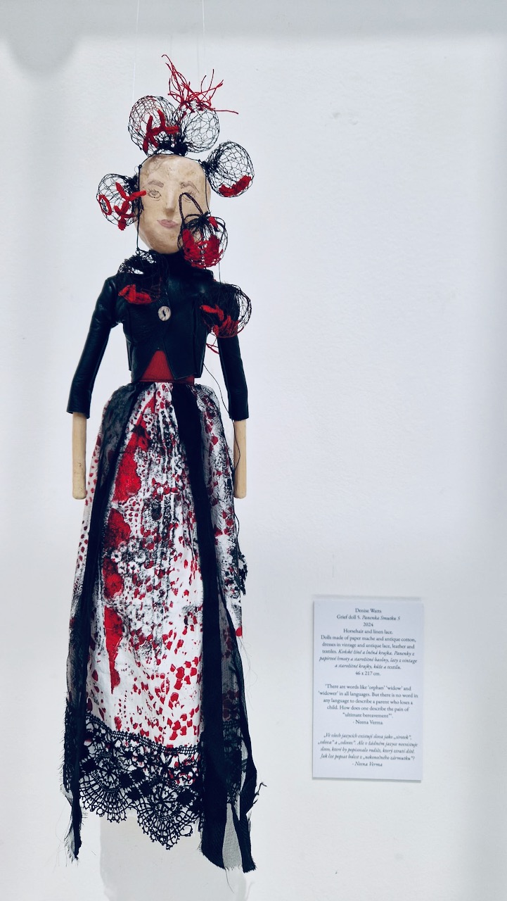 Denise Watts Grief doll 5. 2024. Horsehair and linen lace. Dolls made of paper mache and antique cotton, dresses in vintage and antique lace, leather and textiles 46 x 217 cm