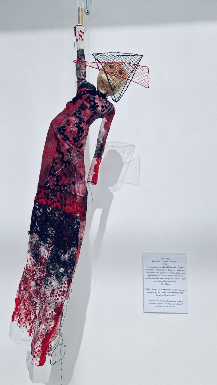 Denise Watts Grief doll 1. 2024. Horsehair and linen lace. Dolls made of paper mache and antique cotton, dresses in vintage and antique lace, and gel printed textiles 57 x 29 cm